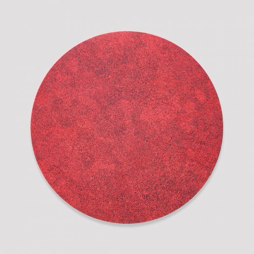 Extra fine red scribble filling a black circle
